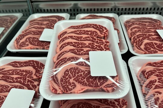 Fresh raw beef steaks packaged in white trays and plastic wrap sit in a refrigerated grocery store display case. These marbled meat cuts are ready for purchase and cooking at home.