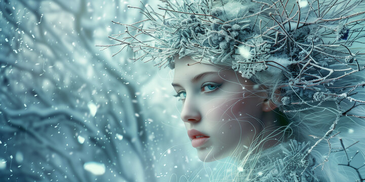 Young woman with artistic ice frost makeup on her face and hair appearing in a cold winter forest setting with frozen branches as a beautiful snow queen character