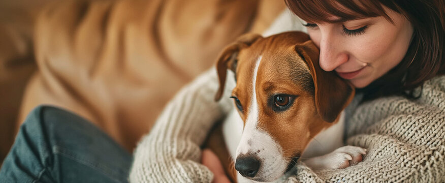 Close-up of a woman tenderly cuddling her cute Jack Russell Terrier dog while relaxing together on a comfortable sofa at home in a peaceful atmosphere