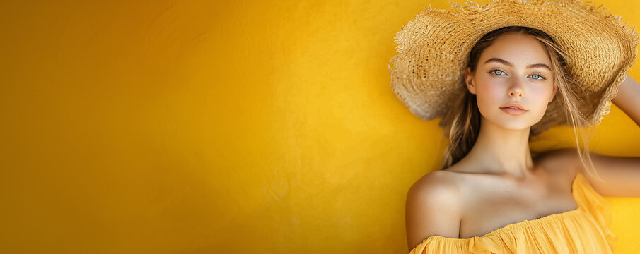 A charming young woman wearing a wide brim straw hat and off shoulder yellow top looking into camera against a vivid bright yellow background