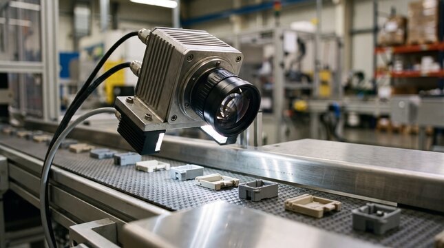 Industrial machine vision camera scanning electronic components on an automated factory assembly conveyor belt