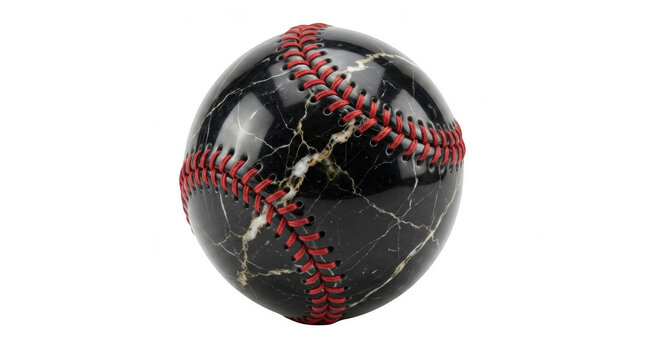 A unique shiny black baseball with golden marble texture and red stitching for professional sports and game design isolated on transparent background