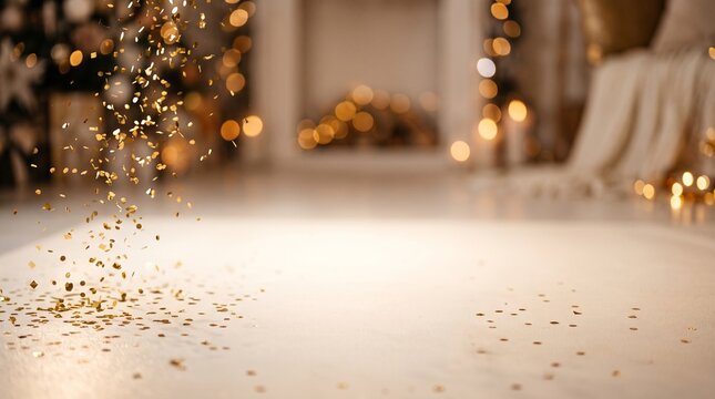 Golden glitter falling on white floor with festive background.