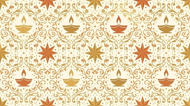 Seamless pattern with traditional oil lamps and floral ornaments for Diwali celebration