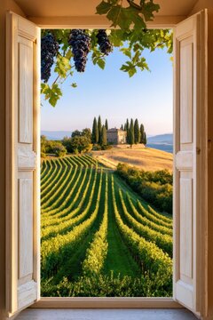 Sunlit Tuscan vineyard landscape framed by open rustic farmhouse window with weathered shutters, showcasing neat rows of grapevines and a traditional stone villa in the distance