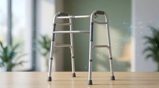 Silver walker stands in a bright modern living room interior