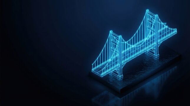 Glowing blue 3D wireframe bridge visualization on dark tech background perfect for AI, digital science, and high-tech innovation projects.