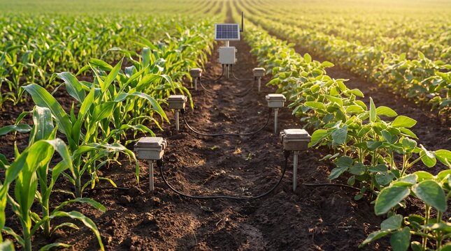 Smart farming sensor system in green crop field with golden sunset lighting