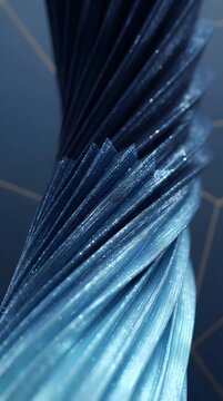 Abstrak twisted spiral design with shiny metallic blue dll texture, sparkling glitter details, and futuristic wave background.