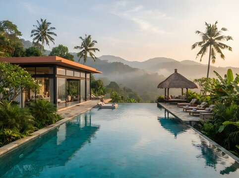 Luxury villa with infinity pool overlooking tropical mountains at sunset