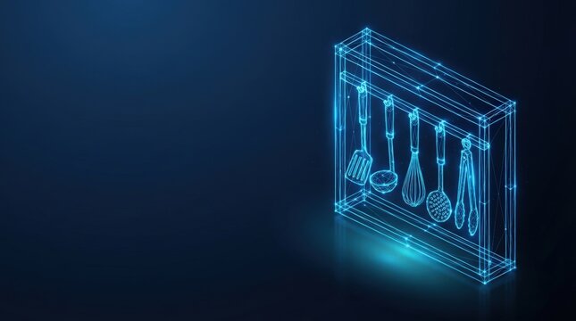 Glowing blue 3D wireframe kitchen tools on dark background showcasing futuristic digital design perfect for AI, tech innovation and high-tech visuals.