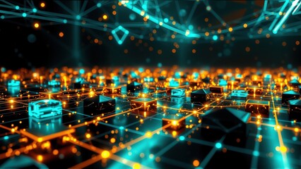Obraz na płótnie Canvas Abstract digital landscape. Glowing lines connect geometric shapes, creating futuristic network visualization. Dark background enhances vibrant colors.