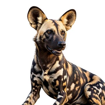 African wild dog painted wolf portrait sitting alert isolated on pure white background 