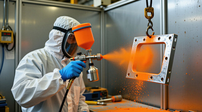 Industrial worker in white protective suit uses orange powder coating spray gun on metal part in factory workshop. Technician wears mask, gloves for safety finishing steel product using electrostatic