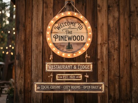 Rustic wooden welcome sign for Pinewood Restaurant and Lodge established in 1921