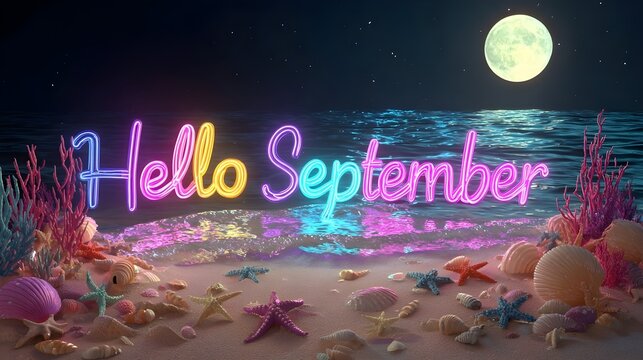 Hello September neon sign on moonlit beach with shells and starfish