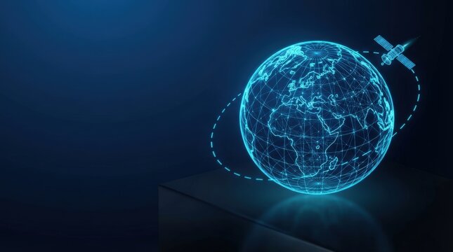 Futuristic 3D wireframe globe with satellite orbiting in glowing blue, perfect for AI, digital innovation, and high-tech presentations.