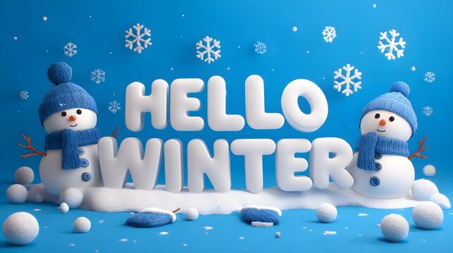 HELLO WINTER large text flanked by two snowmen and hanging snowflakes