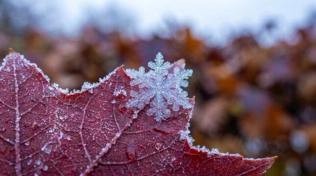 Single crystalline snowflake rests on edge of dark red autumn leaf in frosty winter weather