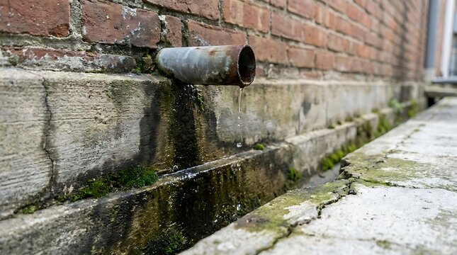 An aged metal drainage pipe protrudes from a weathered brick wall, steadily releasing water into a moss-covered concrete channel, highlighting outdoor water runoff and urban infrastructure challenges