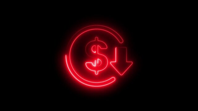 Dollar Neon Animation,  Red neon dollar sign with downward arrow animation for financial loss and market decline currency money