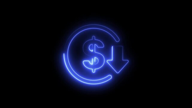 Dollar Neon Animation, Neon blue dollar sign with downward arrow for financial market decline and economic recession concept