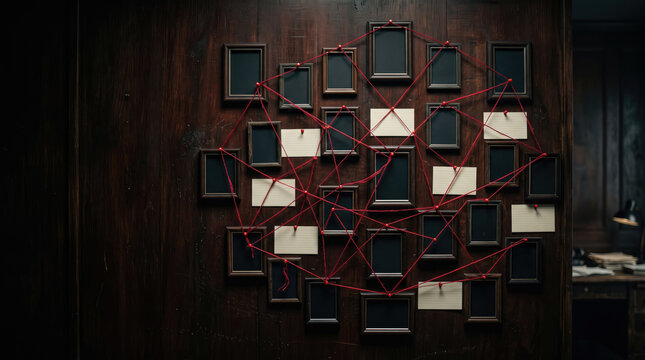 Detective witness wall with empty photo frames and evidence notes on a dark wooden board