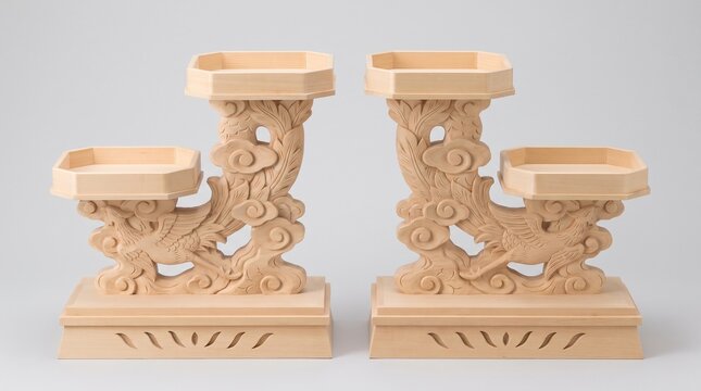 彫刻を施した白木製の葬儀用供物台一対