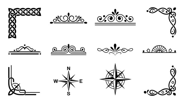 Decorative Ornaments and Compass Rose: A collection of elegant ornamental designs, scrollwork, and intricate borders, alongside two nautical compass roses, offering versatile design elements.