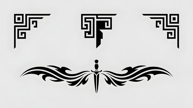 Ornate Design Elements: A collection of decorative black graphic elements, including corner flourishes and a stylized sword motif, presented against a neutral background.