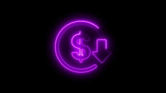 Dollar Neon Animation,  Neon purple dollar sign with downward arrow animation for financial loss and market decline concept, Neon Video