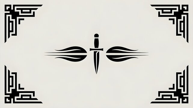 Abstract Emblem of Power and Resolve: A striking emblem featuring a stylized dagger piercing through flame-like shapes, framed by ornate corner details, symbolizing strength, courage.