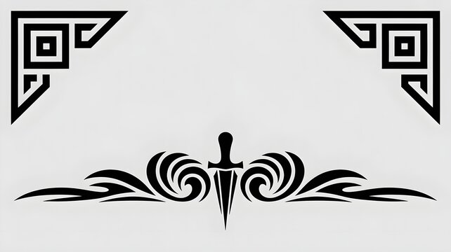 Decorative Border with Dagger Element: An ornamental graphic design featuring corner embellishments and a central decorative element with a dagger motif, suitable for invitations or formal documents.