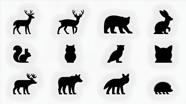 Animal Silhouettes Collection: A striking arrangement of stylized black silhouettes showcasing a variety of wild forest animals, each uniquely captured in a clean, minimalist presentation.