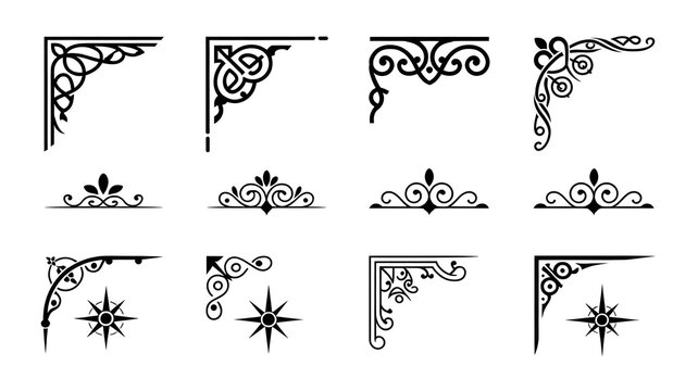 Ornate Corner Embellishments: A collection of elegant and intricate corner flourishes and decorative elements, perfect for adding a touch of vintage sophistication to any design.
