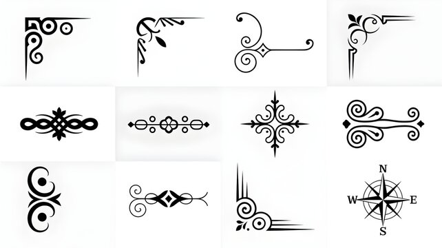 Elegant Ornaments and Flourishes: A collection of decorative elements including ornamental corners, dividers, and a compass rose, showcasing intricate design and classical aesthetics.