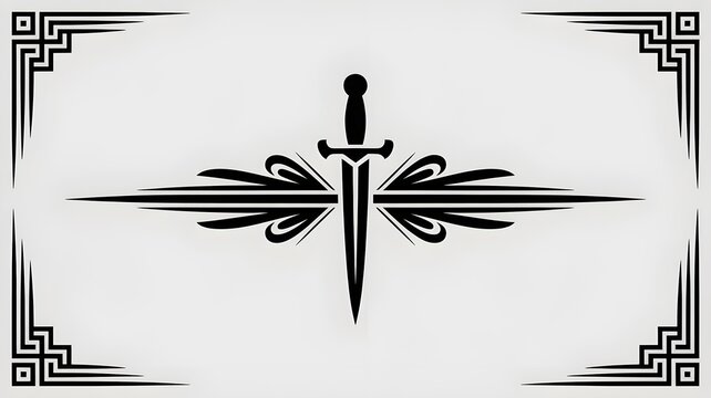 Elegant Sword Emblem: A stylized black sword is symmetrically adorned with elaborate decorative wings and bordered by ornate geometric corners on a light, textured background.
