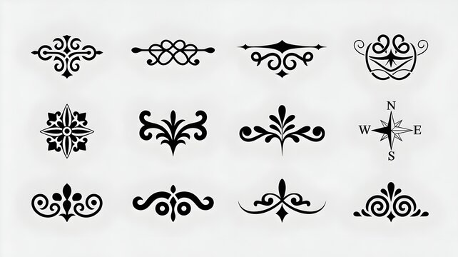 Ornate Decorative Elements: A collection of twelve elegant black decorative flourishes and dividers, including a compass rose, perfect for adding a vintage or classic touch to designs.