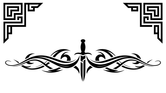 Tribal Sword Ornament: A stylized tribal ornament featuring a dagger at its center, flanked by swirling abstract patterns and ornate corner details, symbolizing strength and heritage.