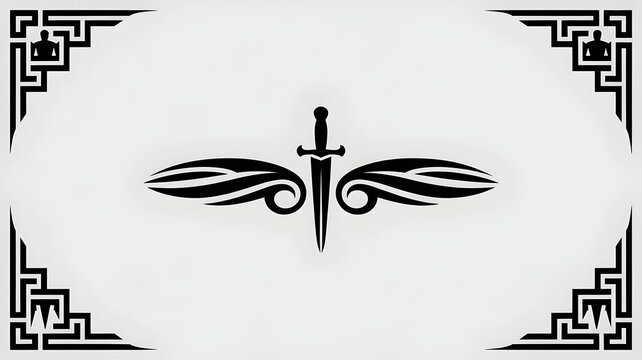 Winged Sword Emblem: A striking emblem featuring a stylized sword with wings on either side, set against a clean, bright background with decorative corner elements.