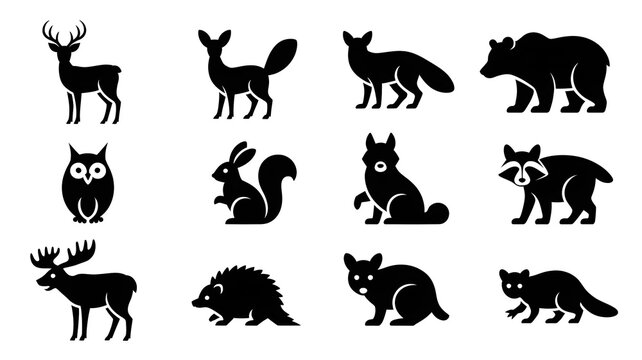 Wild Animal Silhouettes: A collection of stylized black silhouettes depicting various wild animals including a deer, fox, bear, owl, rabbit, raccoon, moose, hedgehog, and cat.