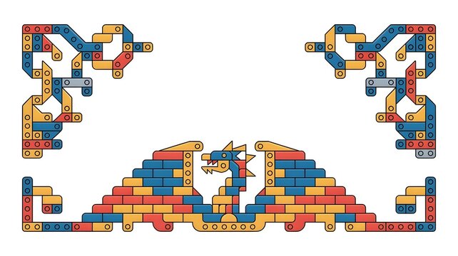 Decorative Dragon Motif: A vibrant, stylized dragon composed of colorful building blocks forms a central motif, flanked by ornate corner elements, perfect for graphic design and playful themes.