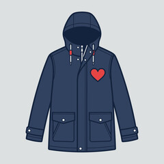 Blue parka jacket with red heart emblem © Miya