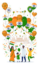 Naklejka premium Indian family celebrates Independence Day with national flags.