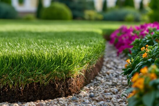 Lush green grass sod edging gravel path