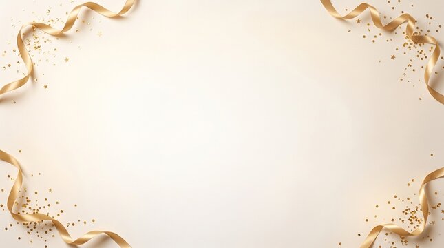 Gold ribbons and confetti border on cream background.