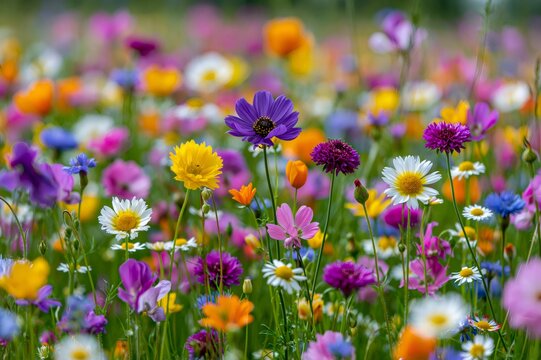 Colorful wildflowers blooming in summer meadow creating vibrant garden
