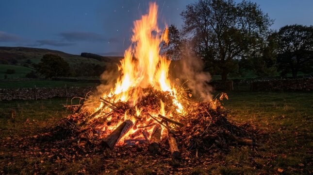 Large bonfire with bright flames at dusk in a rural field with trees