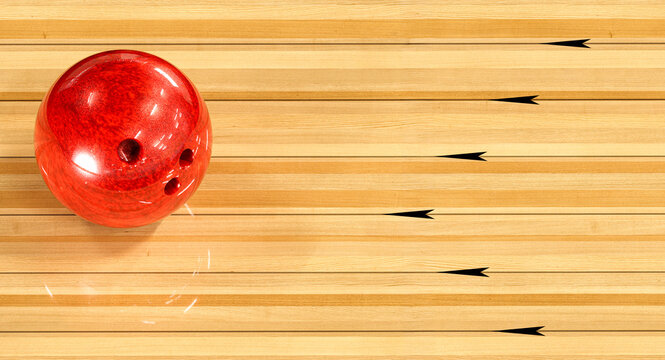 Red bowling ball on 3d lane surface