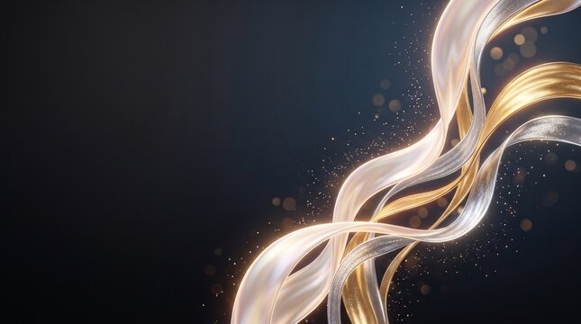 Abstract gold and silver flowing ribbons on dark background.